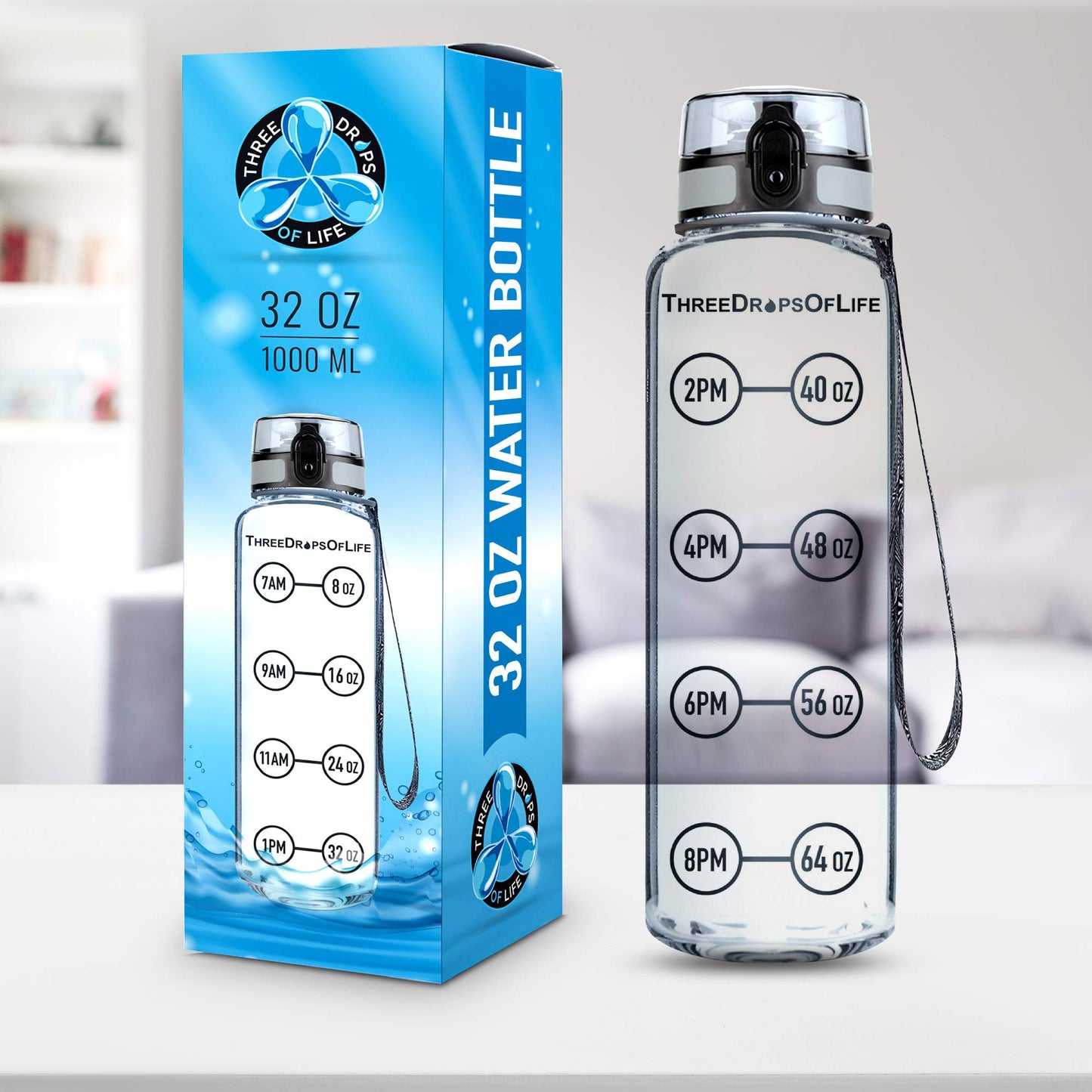 Three Drops of Life Time Marked Water Bottle, Clear Sports Timed Bottle 32 oz, Best for Measuring Water Intake, Tritan BPA-Free One Liter Hydration