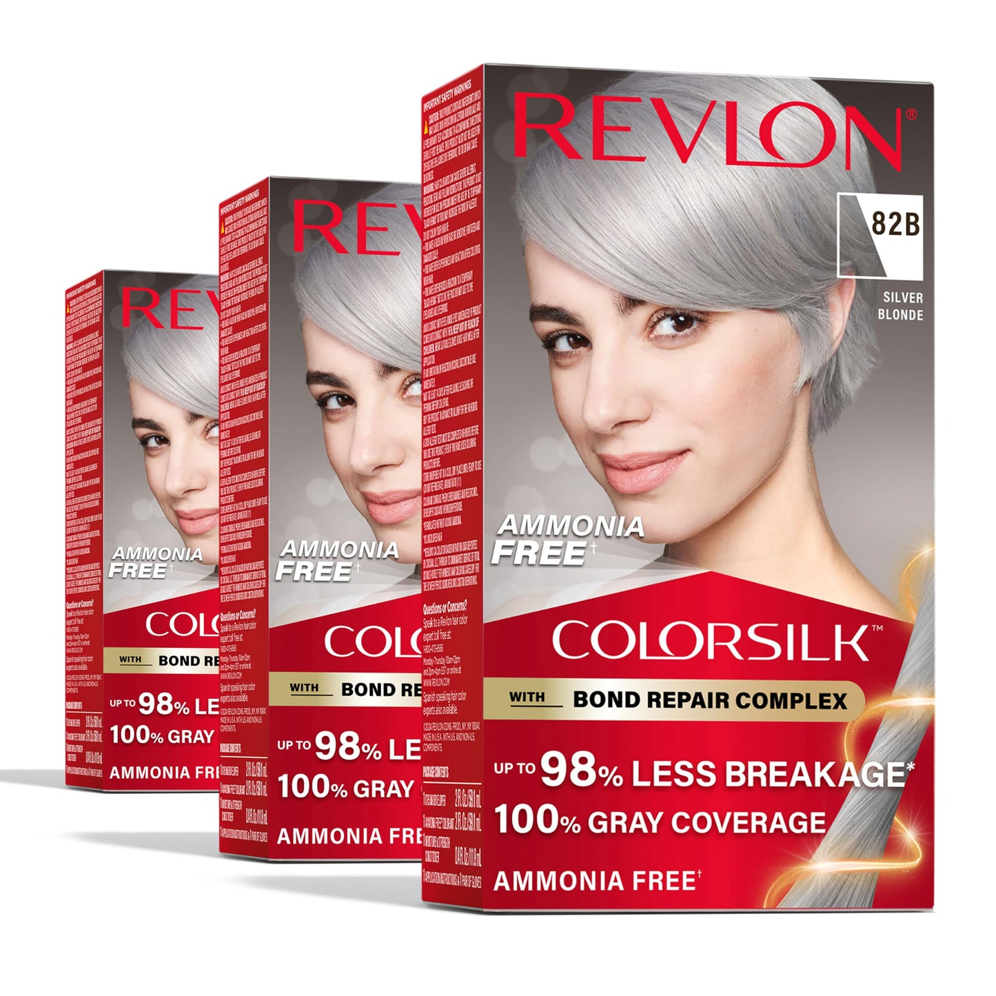 Revlon ColorSilk with Bond Repair Complex, Blonde Permanent Hair Color, 100% Gray Coverage, Ammonia Free Hair Dye, Vegan Keratin, 82B Silver Blonde