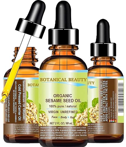 Organic SESAME SEED OIL 100% Pure Natural Virgin Unrefined Undiluted Cold Pressed Carrier Oil for Face, Skin, Body, Hair, Massage, Nails. 2 Fl. oz