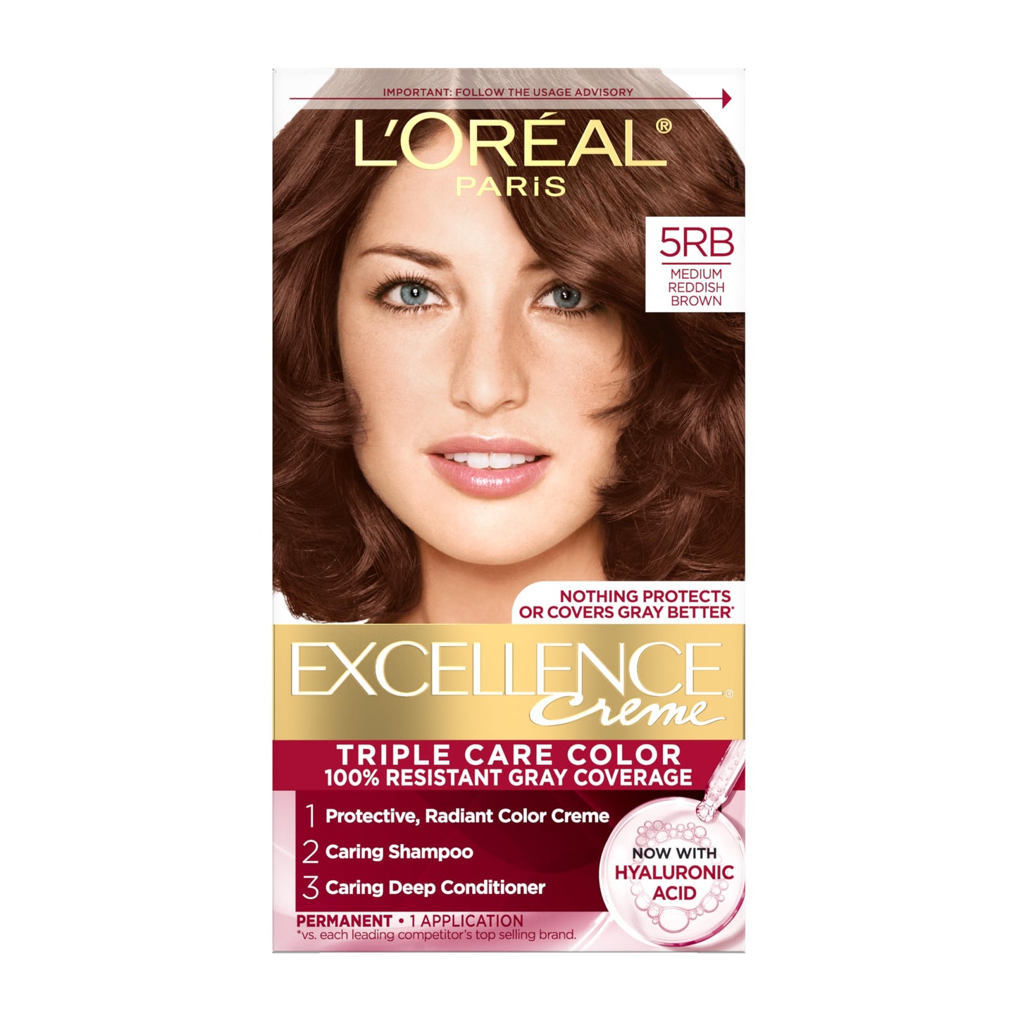 L'Oreal Paris Excellence Crème Permanent Hair Dye, Triple Care Hair Color with Pro-Keratine Complex for 100% Gray Hair Coverage, 5RB Medium Reddish