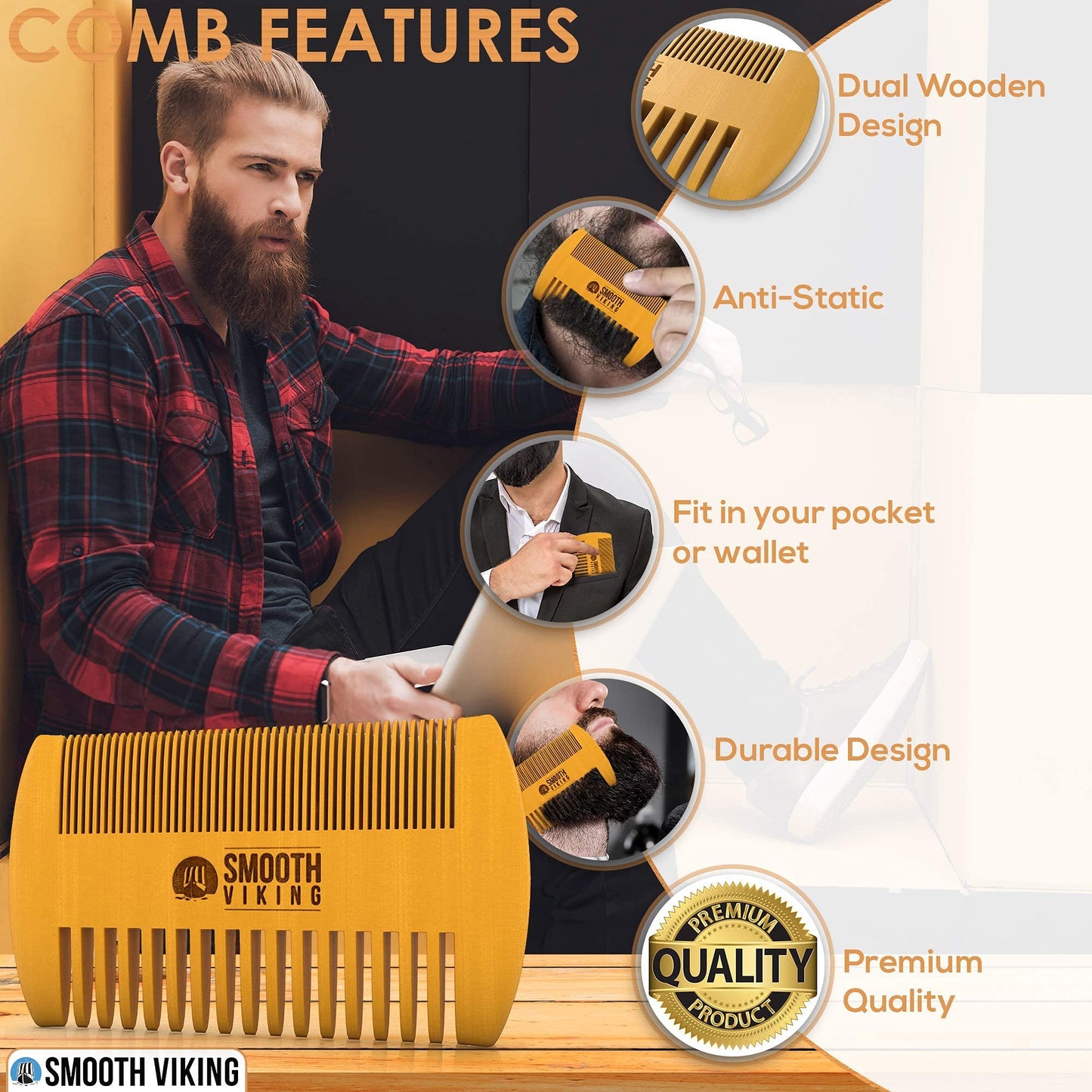 Beard Brush and Comb - Natural Boar Bristle Beard Brush & Beard Comb for Men - Facial Hair Care Gift Set for Men - Mustache Styling, Grooming