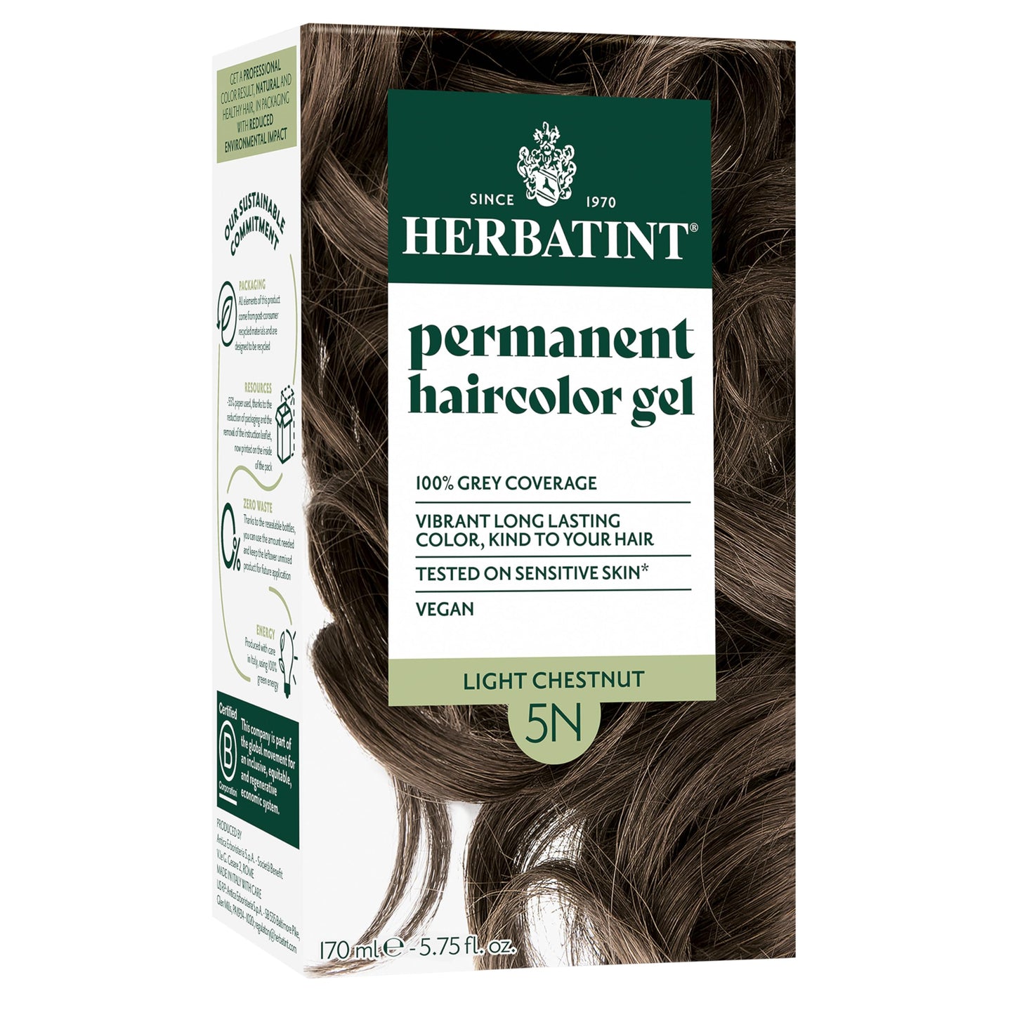Herbatint 5N Light Chestnut Permanent Hair Dye For Women - For Up To 100% Gray Coverage of Resistant Gray Hair - Ammonia-Free, Alcohol-Free & Vegan