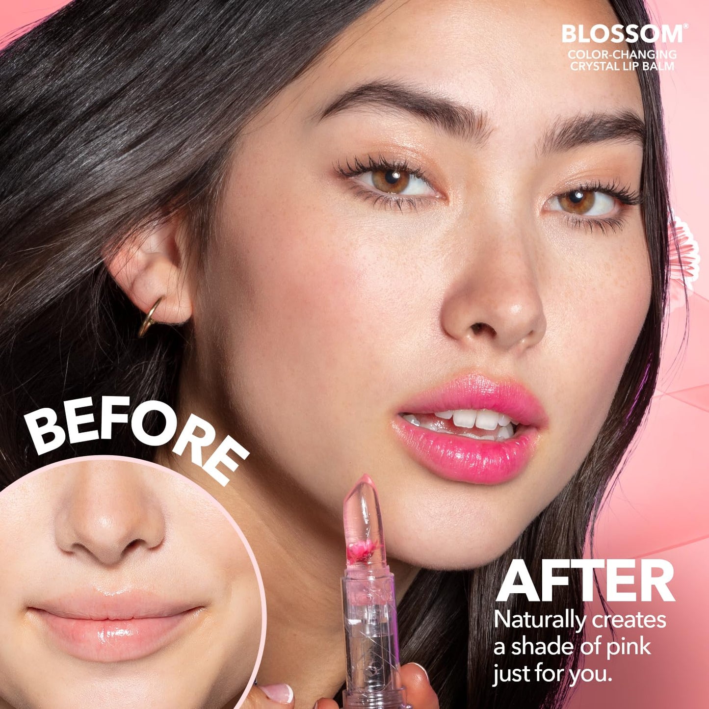 Blossom Lip Gloss Moisturizing pH Lip Balm, Strawberry Scented Color Changing Crystal Lip Stain Tint, Infused with Real Flowers, 3g, Pink