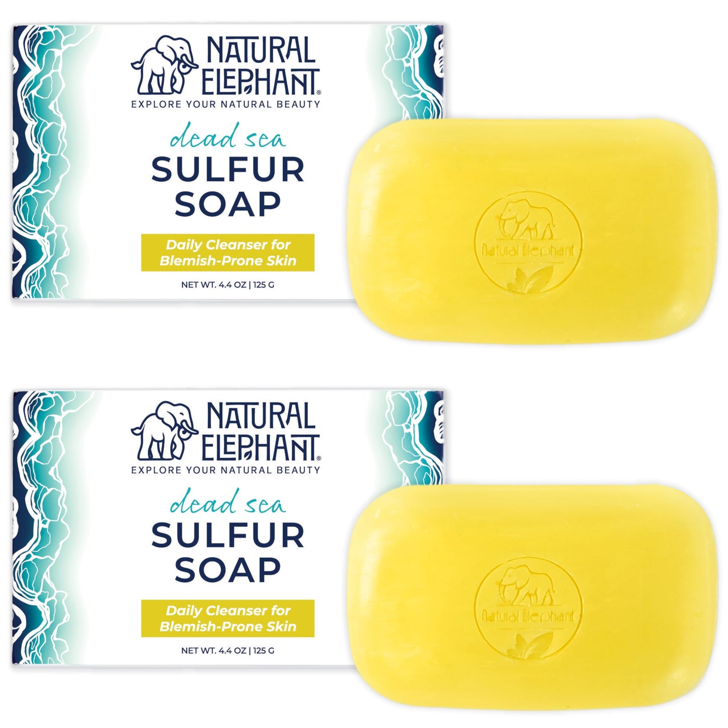 Natural Elephant Dead Sea Sulfur Soap 4.4 oz with Dead Sea Salt, Aloe Vera, Sulphur Face and Body Cleanser Bar for All Skin Types (2 Pack (2 4.4 Ounce