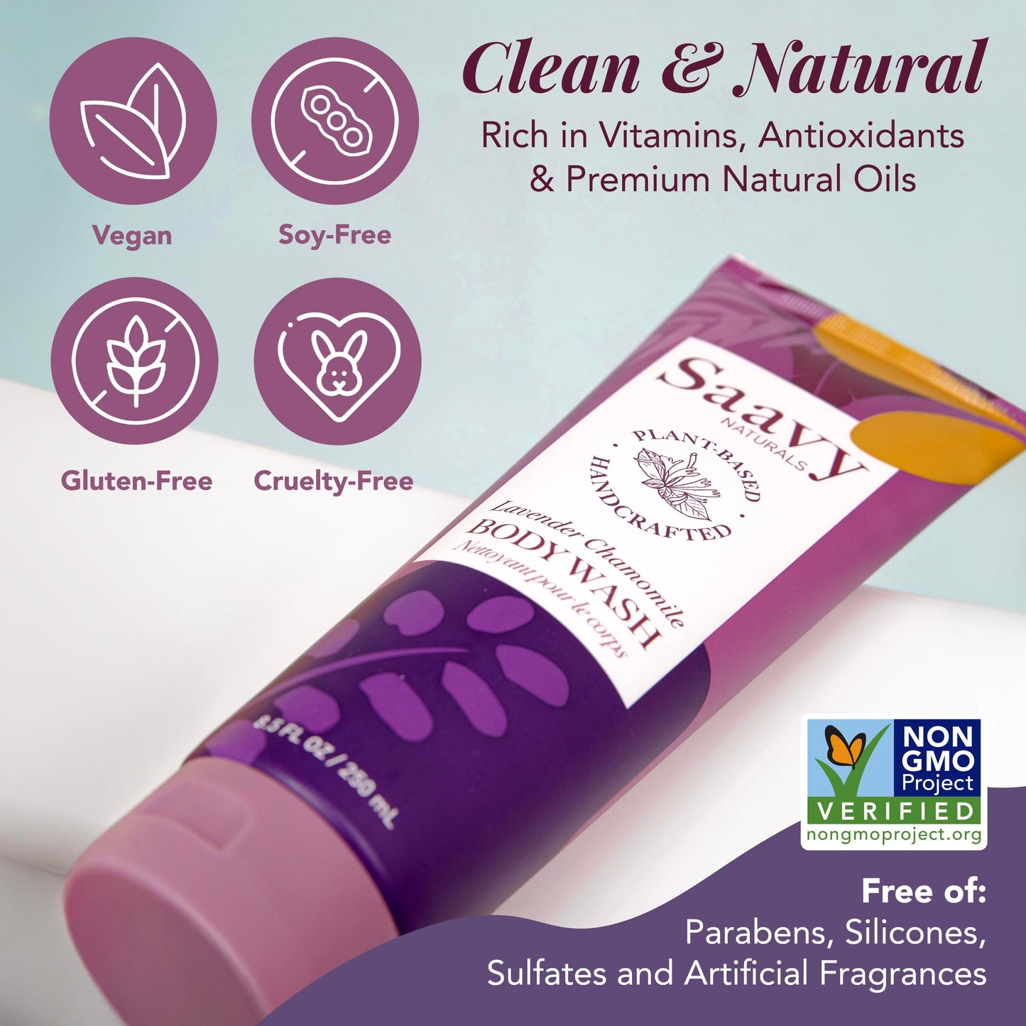 Saavy Naturals Moisturizing Body Wash for Sensitive Skin - Plant-Based & Pure with Coconut Oil, Shea Butter & Aloe Vera - Paraben-Free, Cruelty-Free