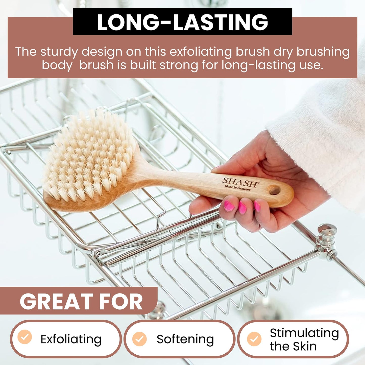 SHASH Since 1869 Hand Made in Germany - Smooth 100% Boar Bristle Body Brush, Gently Exfoliates Skin for a Softer, Smoother Complexion, Dry Brush Body