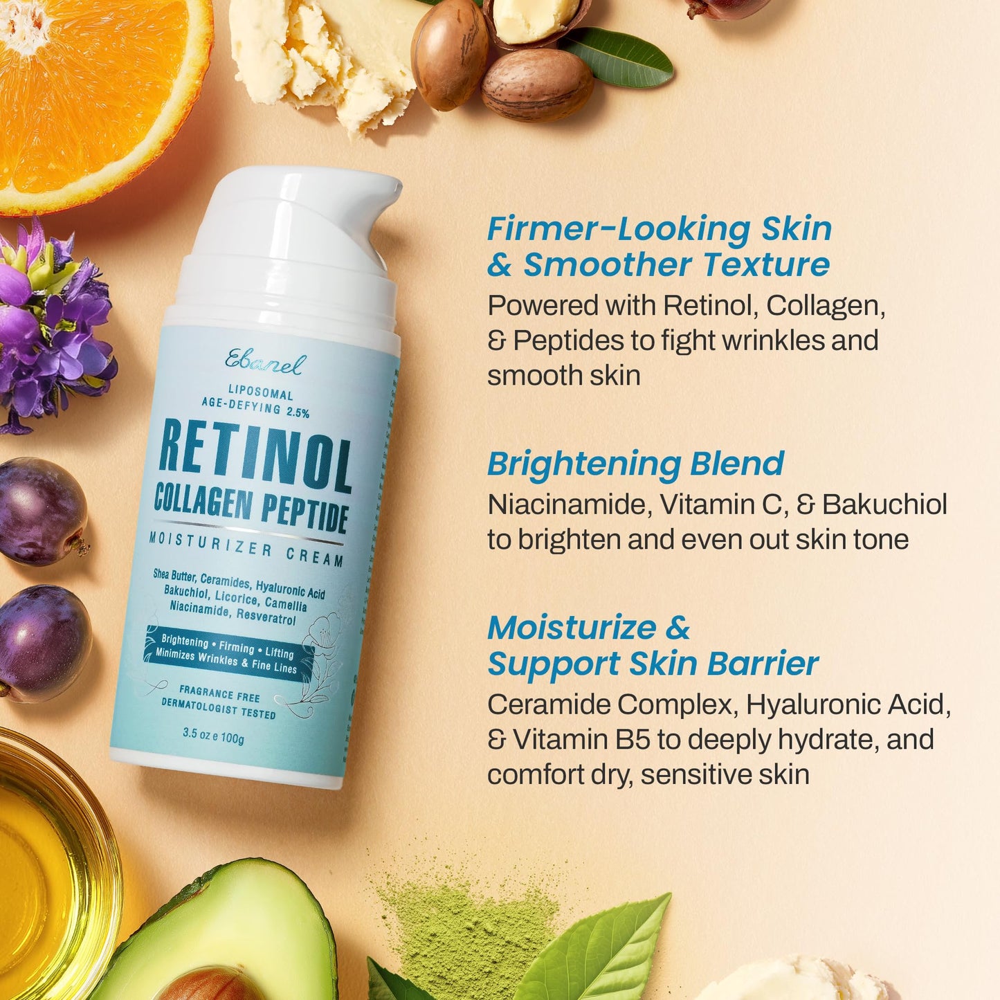 Ebanel Retinol Cream for Face 3.5 oz, Moisturizer with Collagen, Peptides, Ceramides, Hyaluronic Acid, Vitamin C & B5, Firming Anti Aging Face Cream