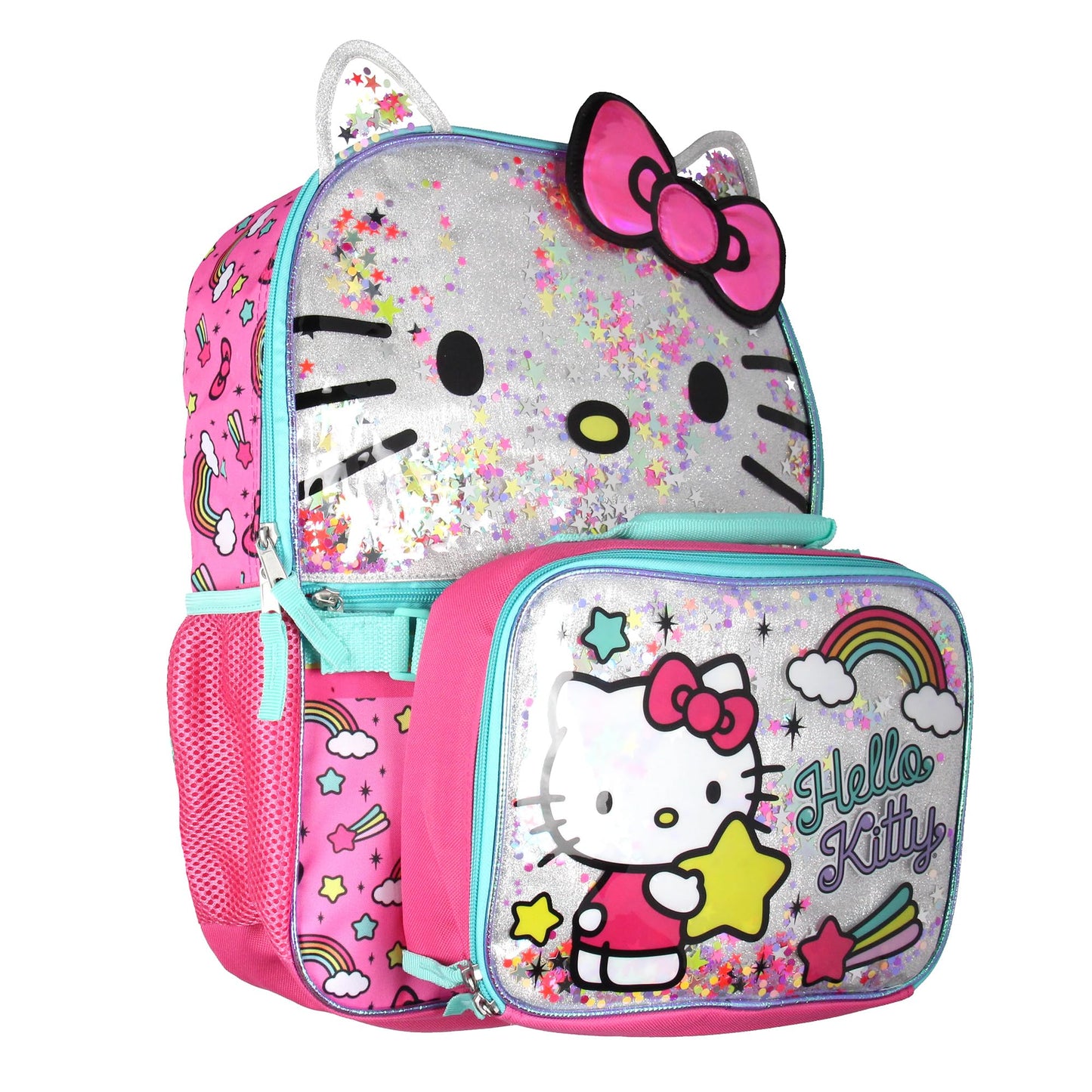 AI ACCESSORY INNOVATIONS Sanrio Hello Kitty Glitter 2 Piece School Travel Backpack Set For Girls With Detachable Insulated Lunch Box
