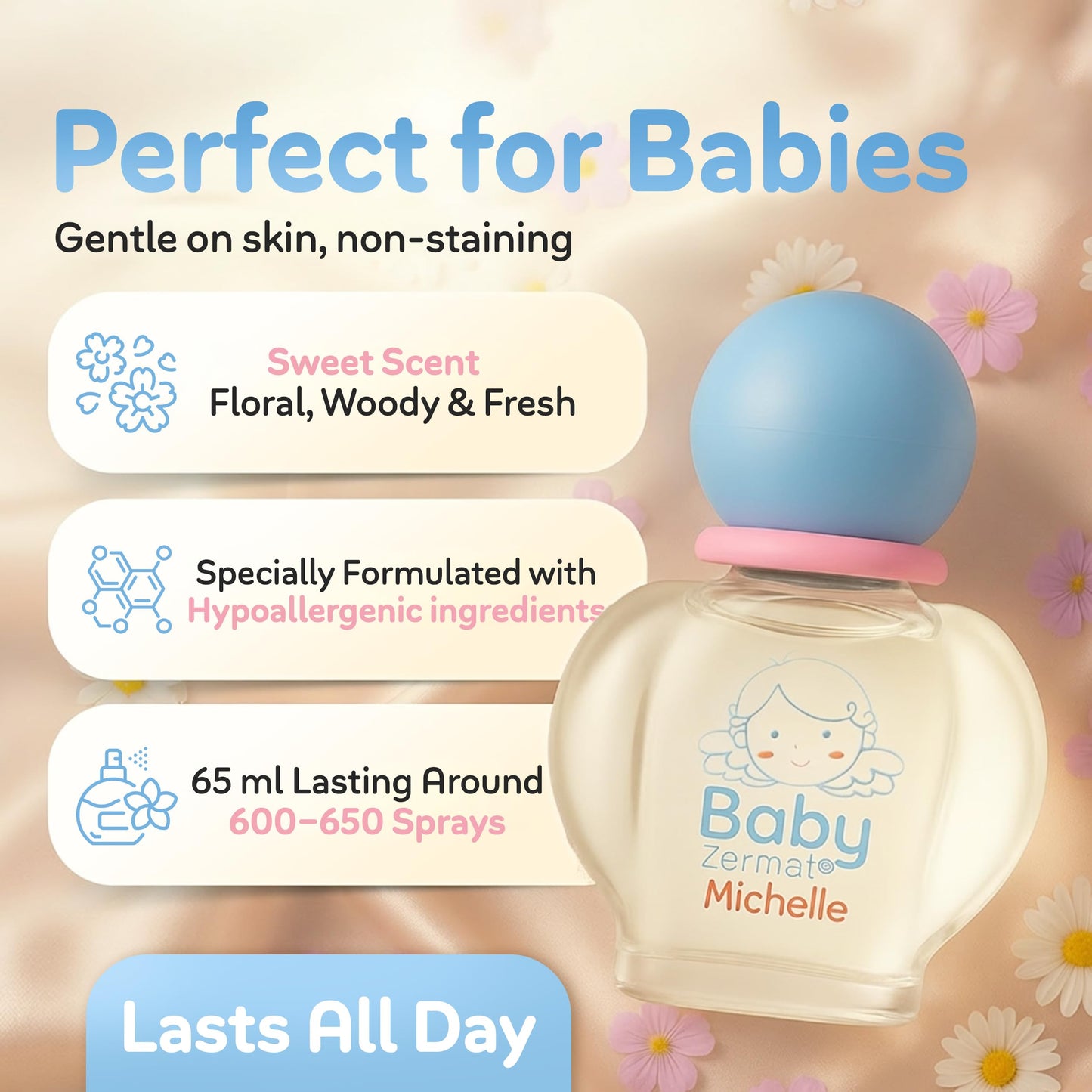Zermat Baby Michelle | Baby Cologne Unisex Perfume | Paraben-Free & Hypoallergenic Gentle Formula | Long-Lasting Soft Floral Scents with Violets,