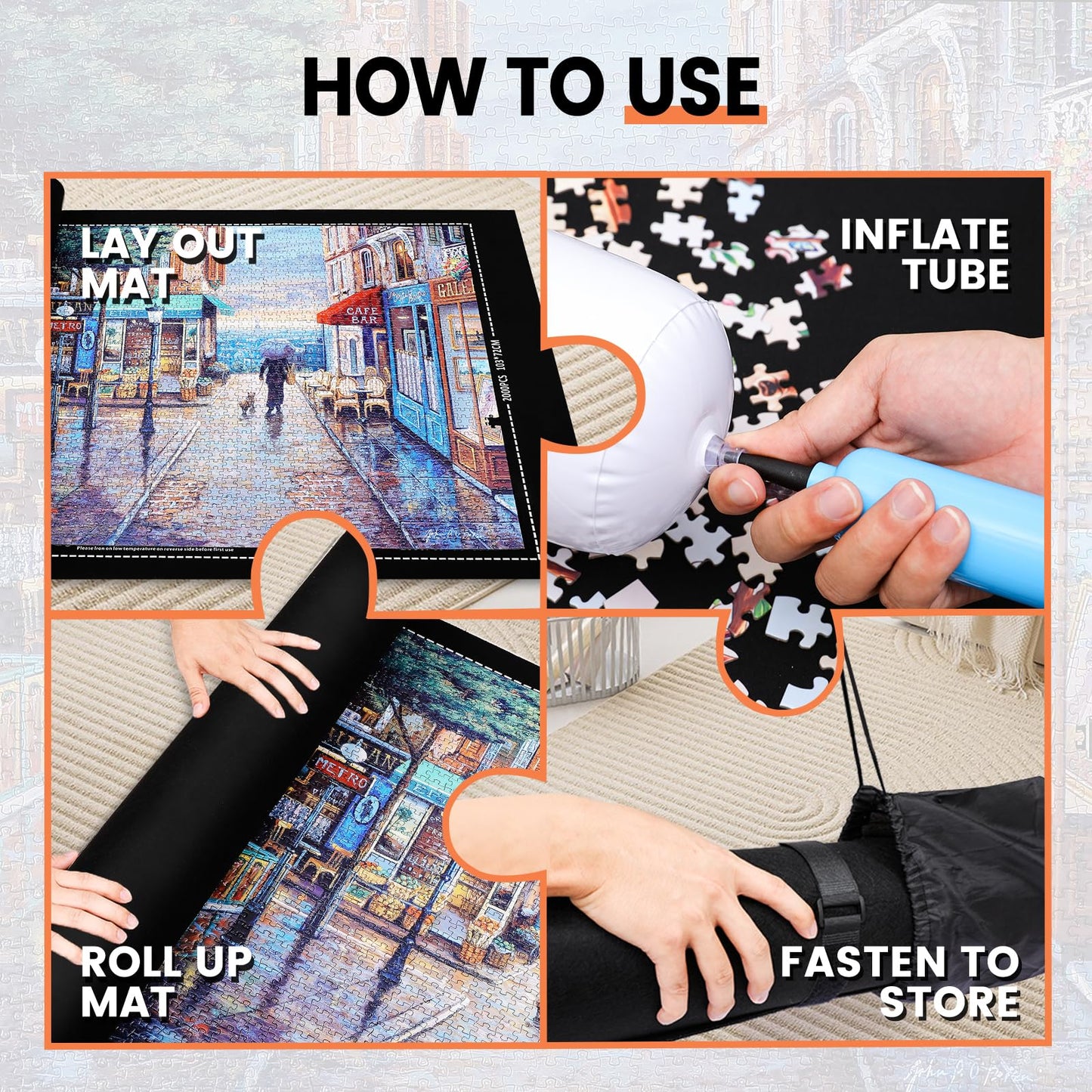 Jigsaw Puzzle Mat Roll Up – Felt Puzzle Saver for 500/1000/1500/2000 Pieces, Black Roll-Up Board with Sorting Trays, Clear Sheets & Frame