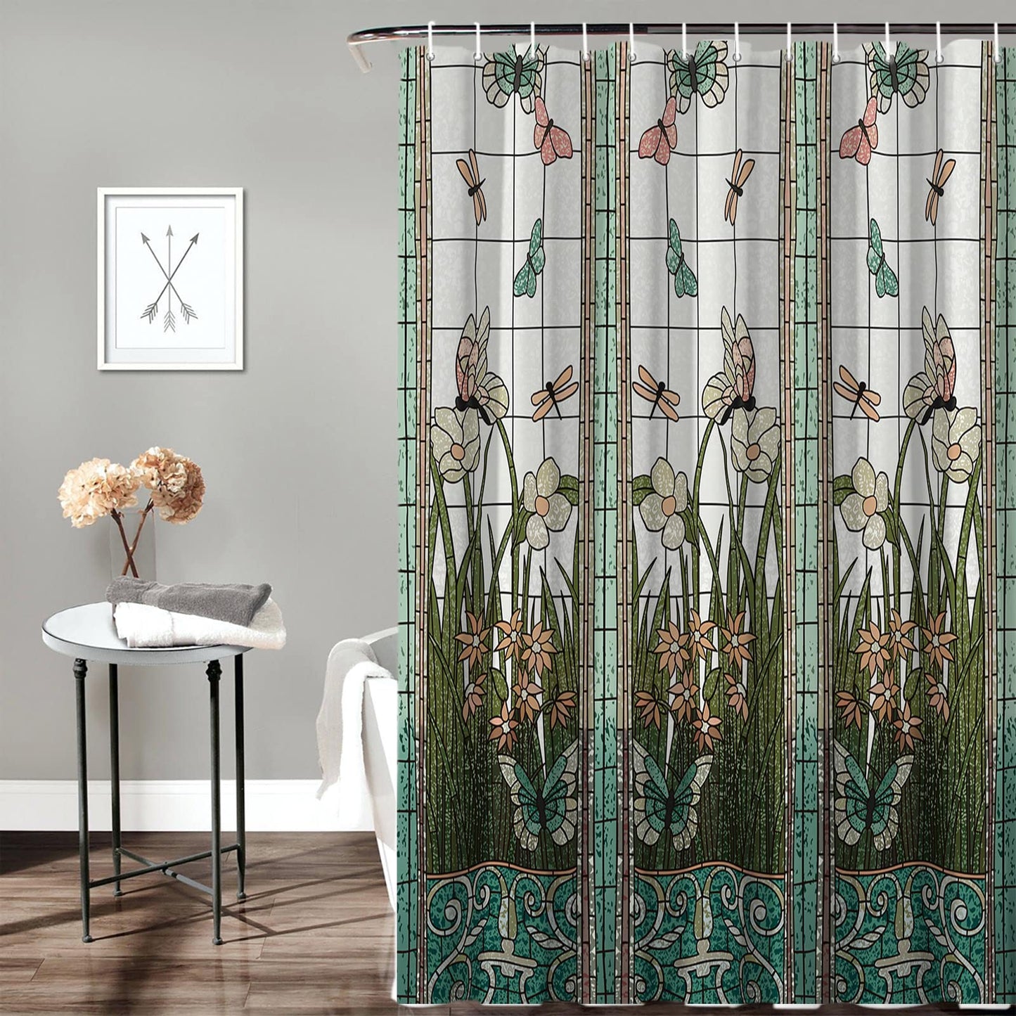 Crystal Emotion Flower Dragonfly Waterproof Bathroom Fabric Shower Curtain Bath Curtain 36x78inch Small Stall Size
