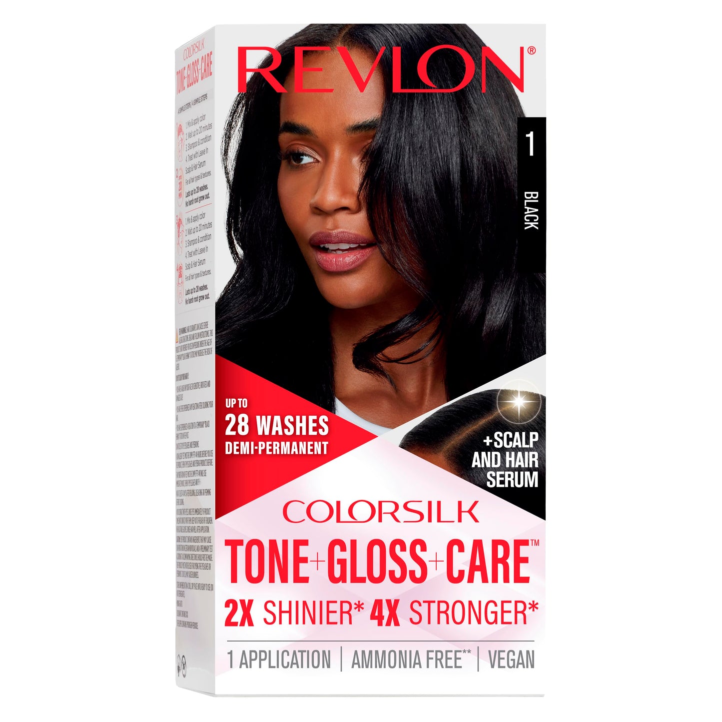 Revlon ColorSilk Tone + Gloss + Care Demi Permanent Hair Color, Dye Kit with Leave-In Scalp and Haircare Serum, 2x Shinier, 4x Stronger, 1 Black, 4.5