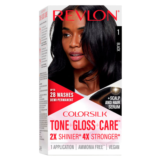 Revlon ColorSilk Tone + Gloss + Care Demi Permanent Hair Color, Dye Kit with Leave-In Scalp and Haircare Serum, 2x Shinier, 4x Stronger, 1 Black, 4.5