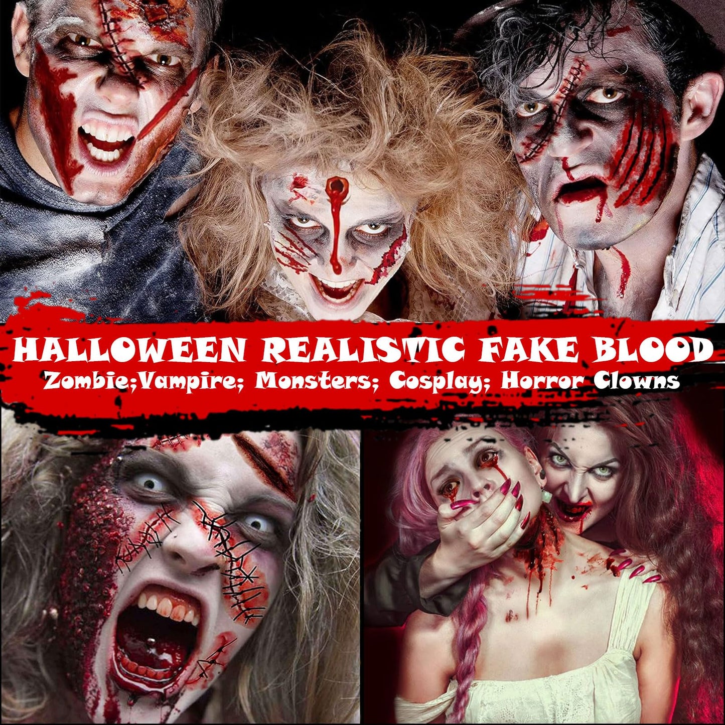 Halloween Fake Blood Makeup Kit 3PCS, Blood Spray 2.1oz, Dripping Blood 2.1oz, Coagulated Gel 1.41oz, Washable SFX Makeup Set for Vampire Zombie