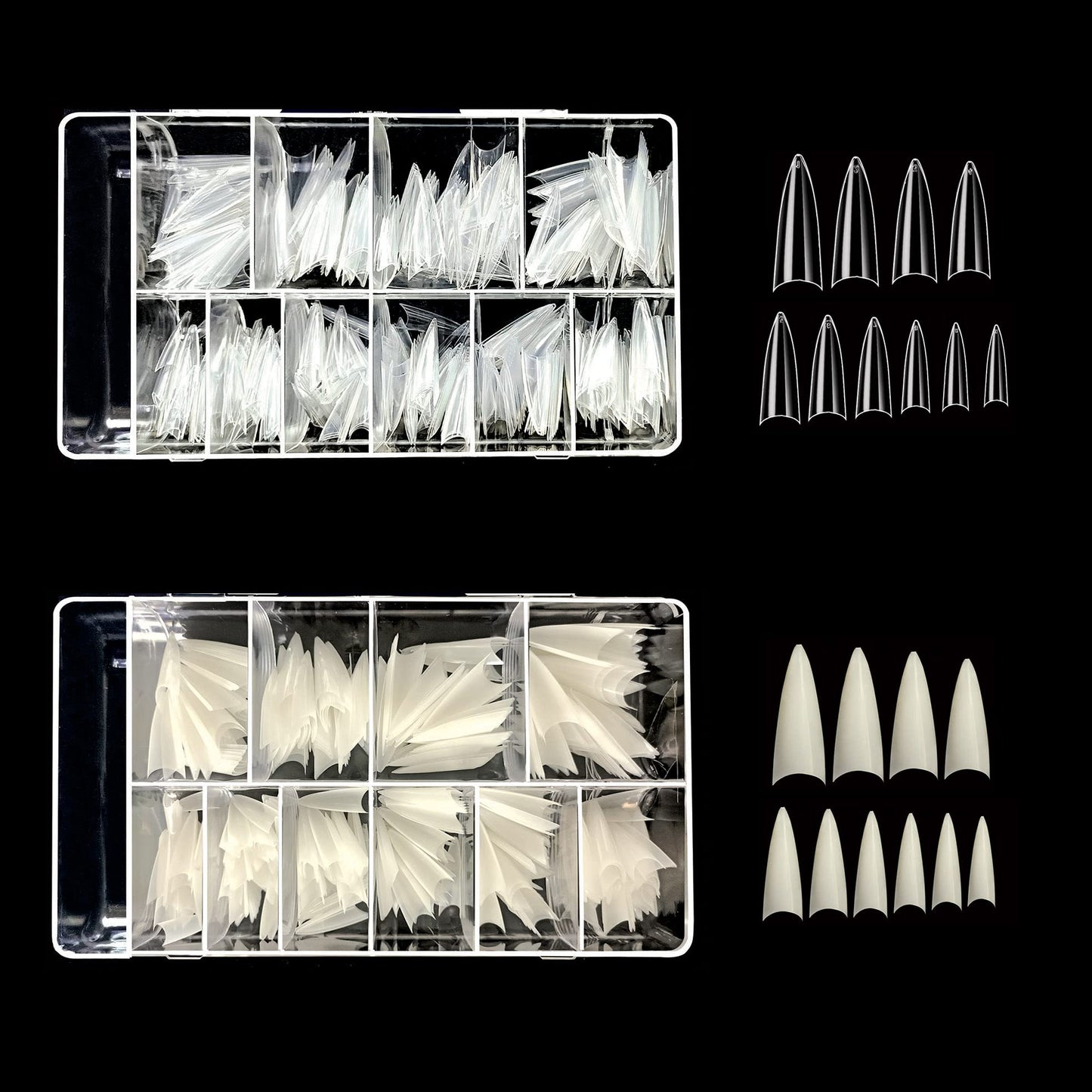 Vivace 2PACK Natural/Clear Stiletto 500 Acrylic False Fake Gel Nail Tips (Total 1000Tips) 10Sizes With Clear Acrylic Case For Nail Salon Nail Shop