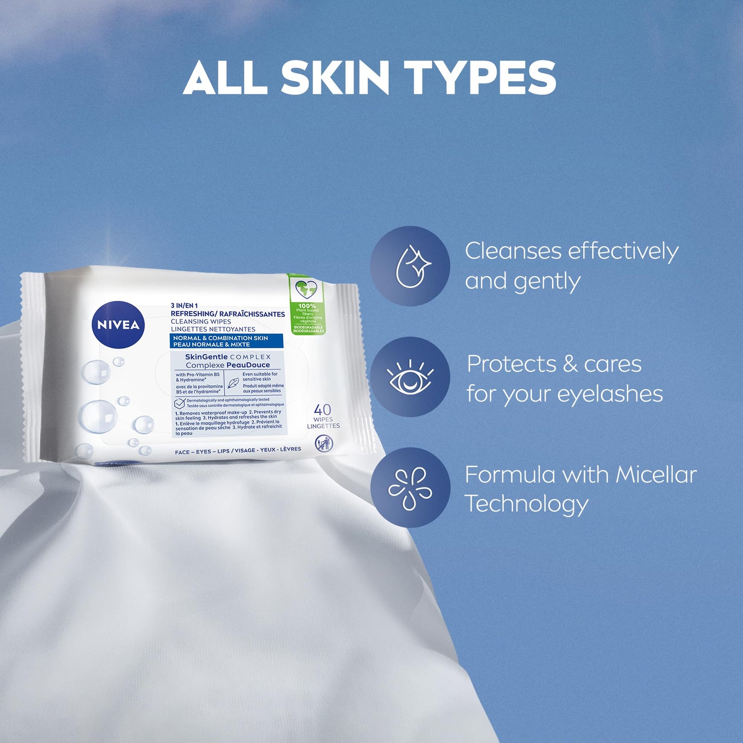 NIVEA 3-in-1 Refreshing Face Cleansing Wipes (40 Count), Normal/Combination Skin, Biodegradable, Plant-Based Fibres, Makeup Remover, Dermatologically