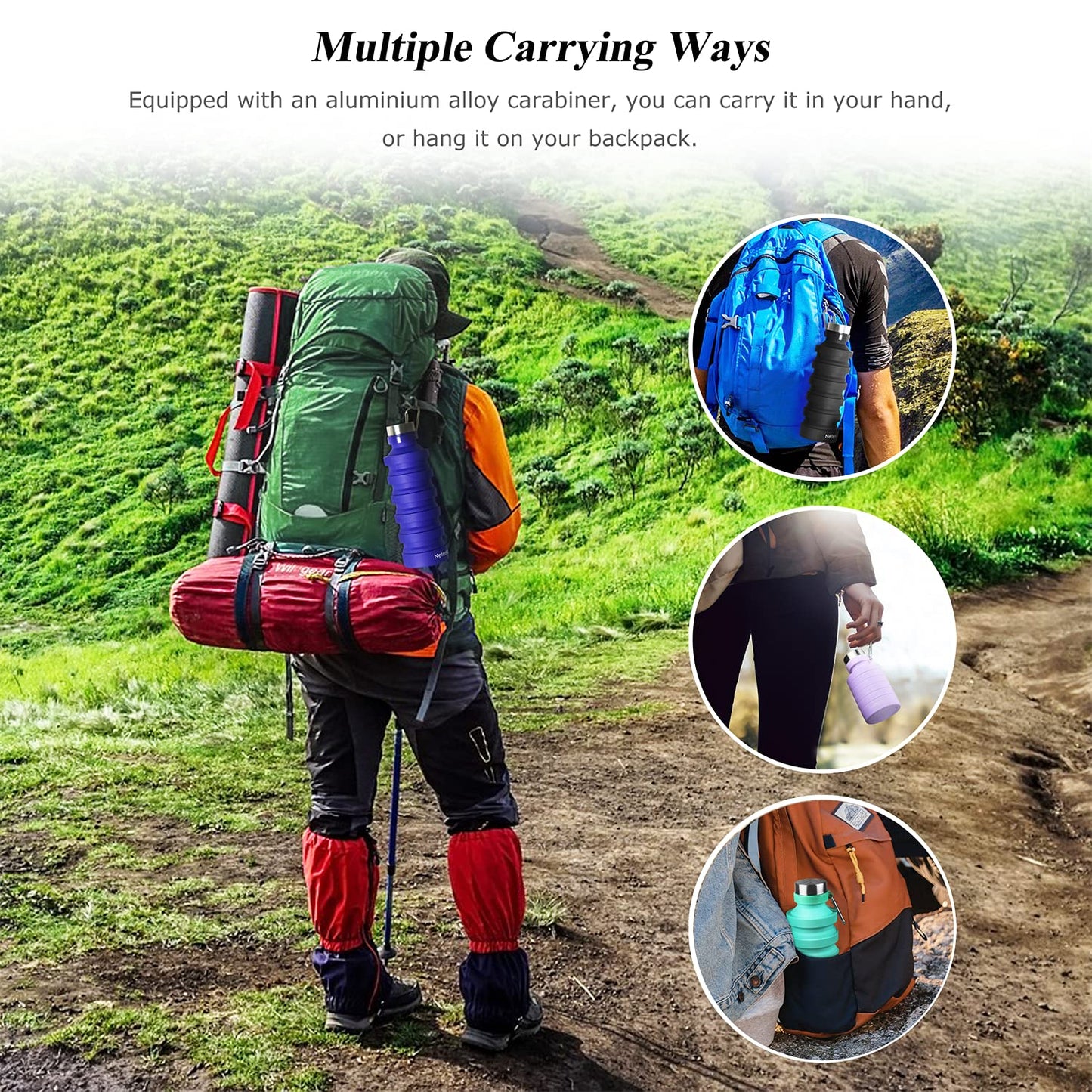 Nefeeko Collapsible Water Bottle, 27oz Reuseable BPA Free Silicone Foldable, Portable Leak Proof Sports Water Bottle with Carabiner for Travel Gym