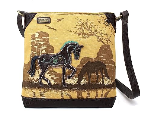 Chala Handbags Safari Horse Canvas Crossbody Bag Purse, Horse Lover (Brown)