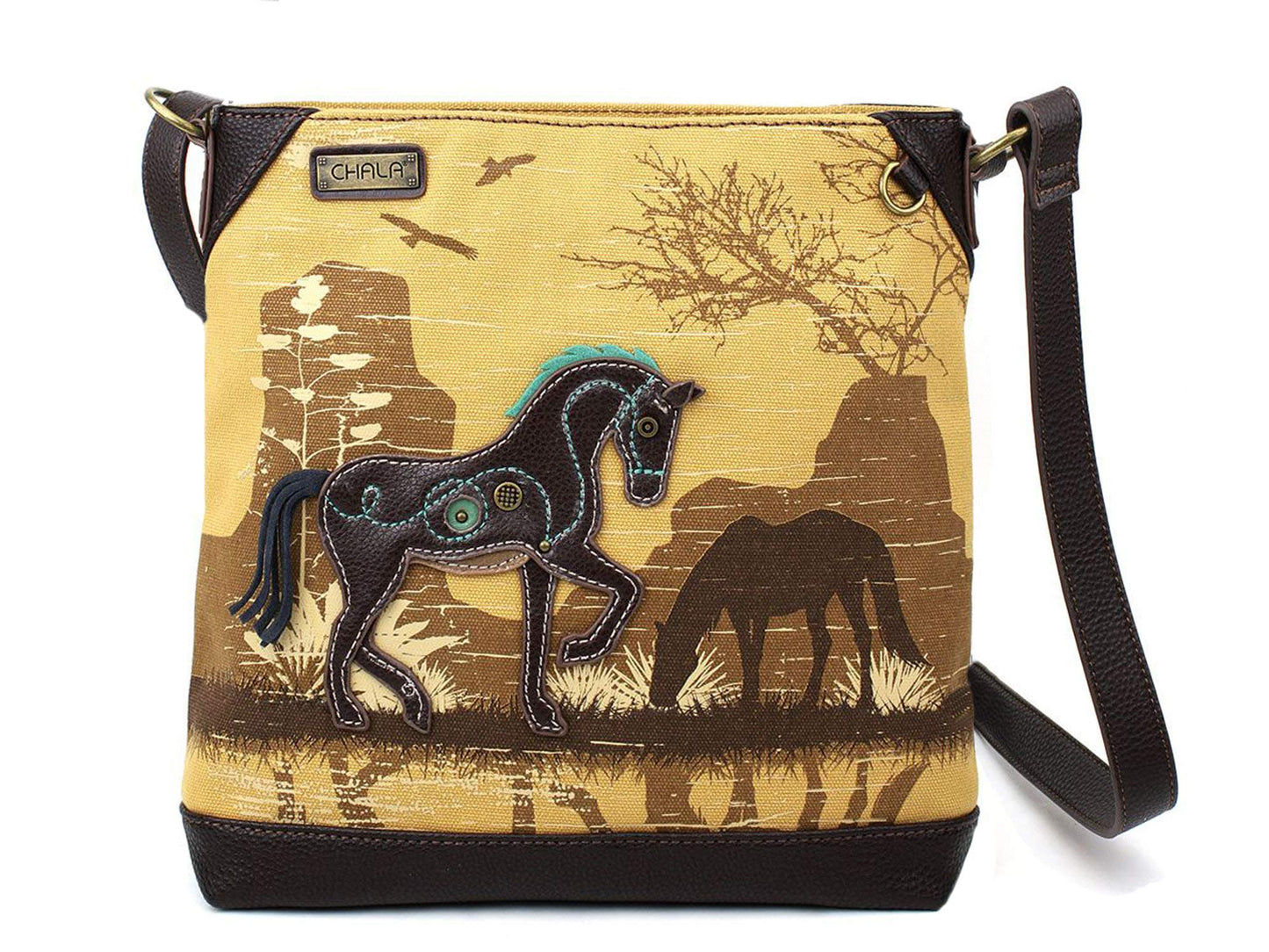 Chala Handbags Safari Horse Canvas Crossbody Bag Purse, Horse Lover (Brown)