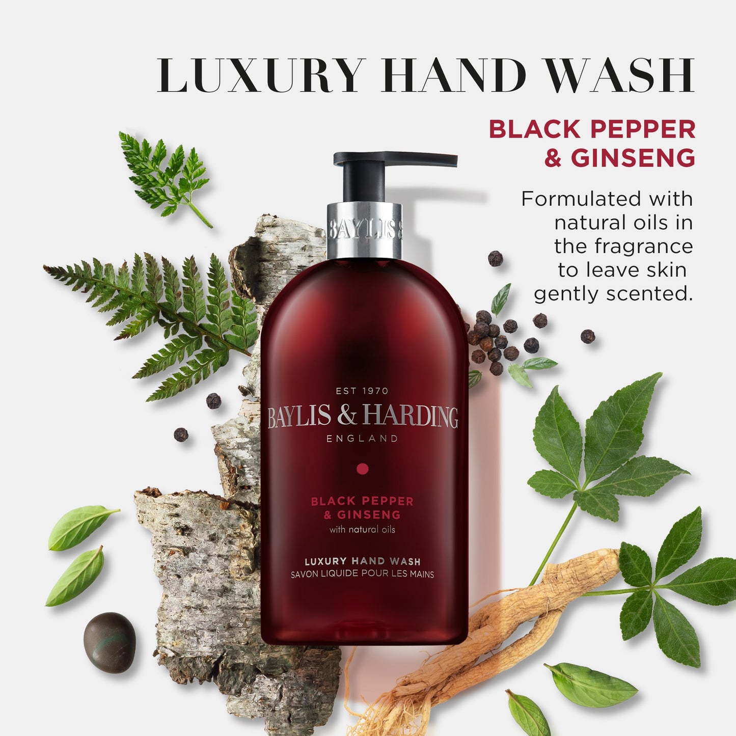 Baylis & Harding Liquid Hand Soap Wash with Dispenser, Black Pepper & Ginseng for Men, 16.9oz/500ml (3-Pack)