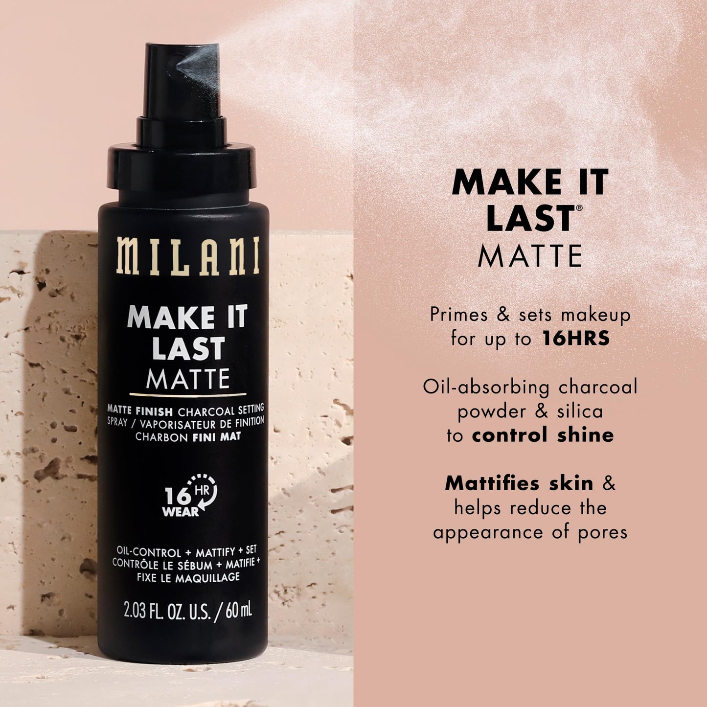 Milani Setting Spray + Primer, Make It Last Matte- Oil Absorbing Charcoal Formula to Control Shine, Matte Finish Setting Spray for Makeup and Primer