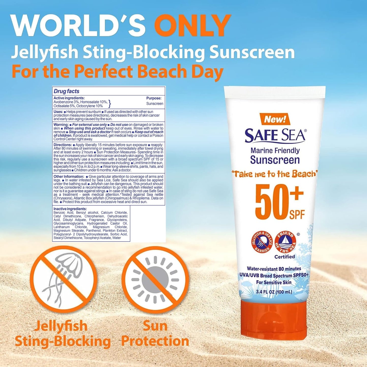 SAFE SEA Jellyfish Sting-Blocking Sunscreen, SPF 50+ travel Size Lotion, Waterproof, Biodegradable, Coral Reef-Safe, Body and Face Sunscreen