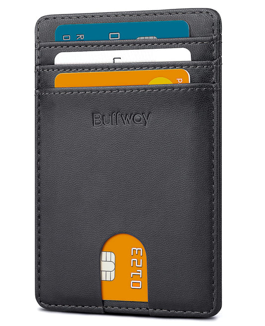 Buffway Mens Slim Wallet, Minimalist Thin Front Pocket Leather Credit Card Holder with RFID Blocking for Work Travel - Boston Black Fashion Buffway