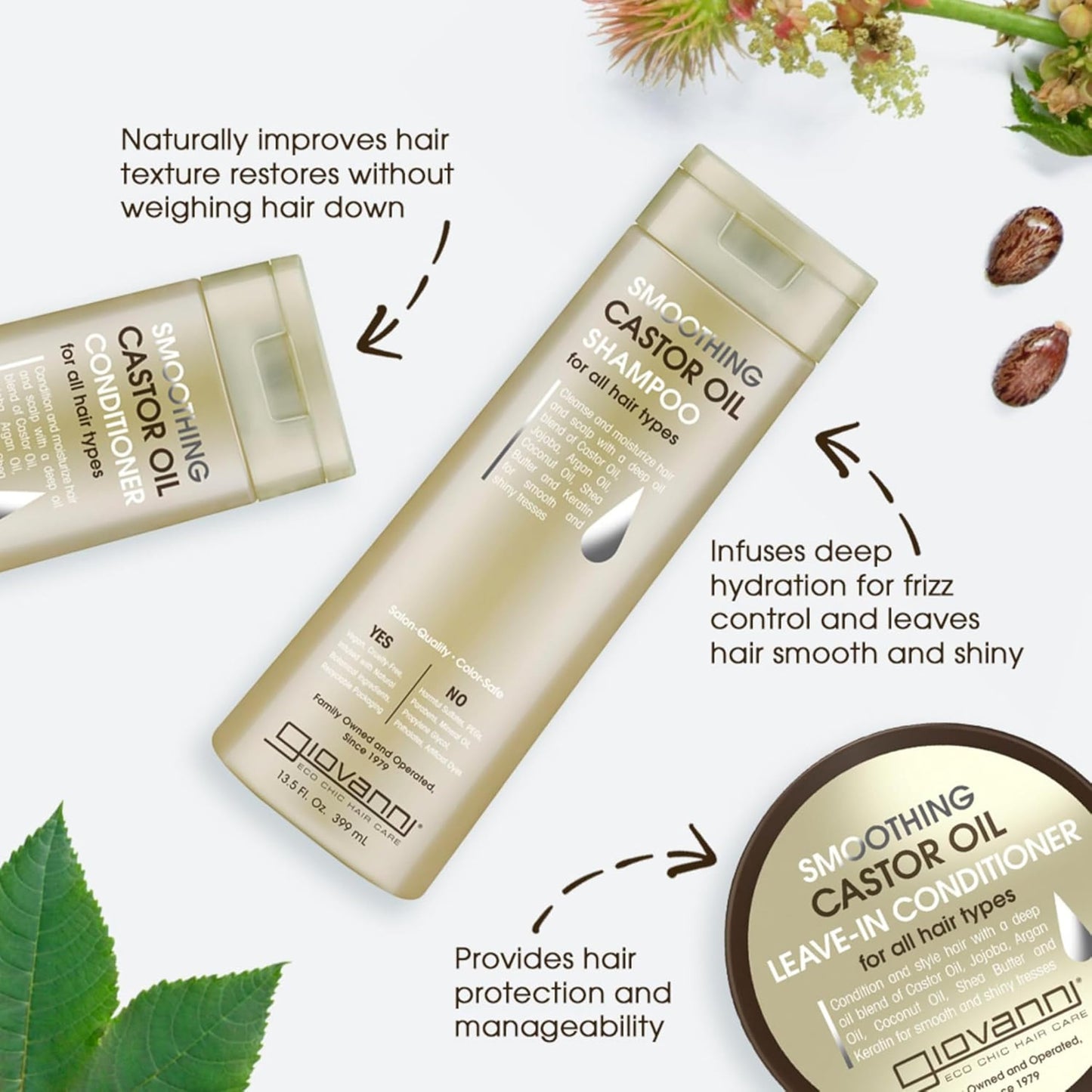 GIOVANNI Castor Oil Trio - Shampoo, Conditioner, & Castor Oil, All Hair Types, Moisturize Hair & Scalp, Hydrate & Tame Frizz, Jojoba, Argan Oil