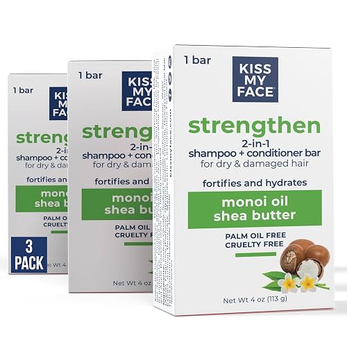 Kiss My Face Strengthen 2-in-1 Shampoo and Conditioner Bar, With Monoi Oil and Shea Butter, Fortifies and Hydrates, For Dry and Damaged Hair, Cruelty