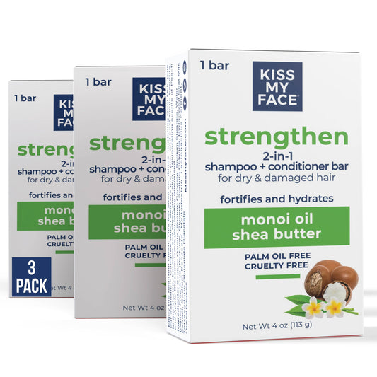 Kiss My Face Strengthen 2-in-1 Shampoo and Conditioner Bar, With Monoi Oil and Shea Butter, Fortifies and Hydrates, For Dry and Damaged Hair, Cruelty