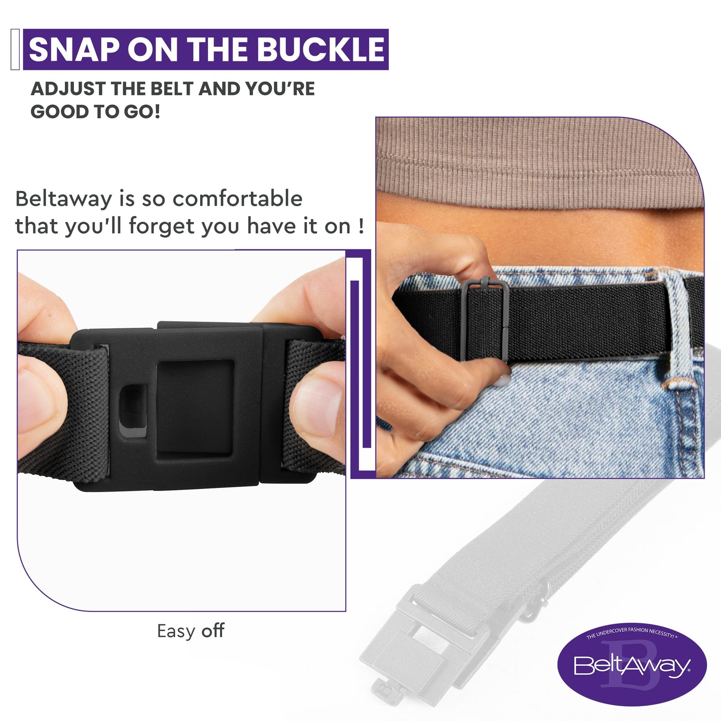 BELTAWAY Easily Adjustable Elastic Flat Buckle No Show Belts for Women - Stretch, Low Profile Design, Soft - Ideal for Jeans, Pants BLACK