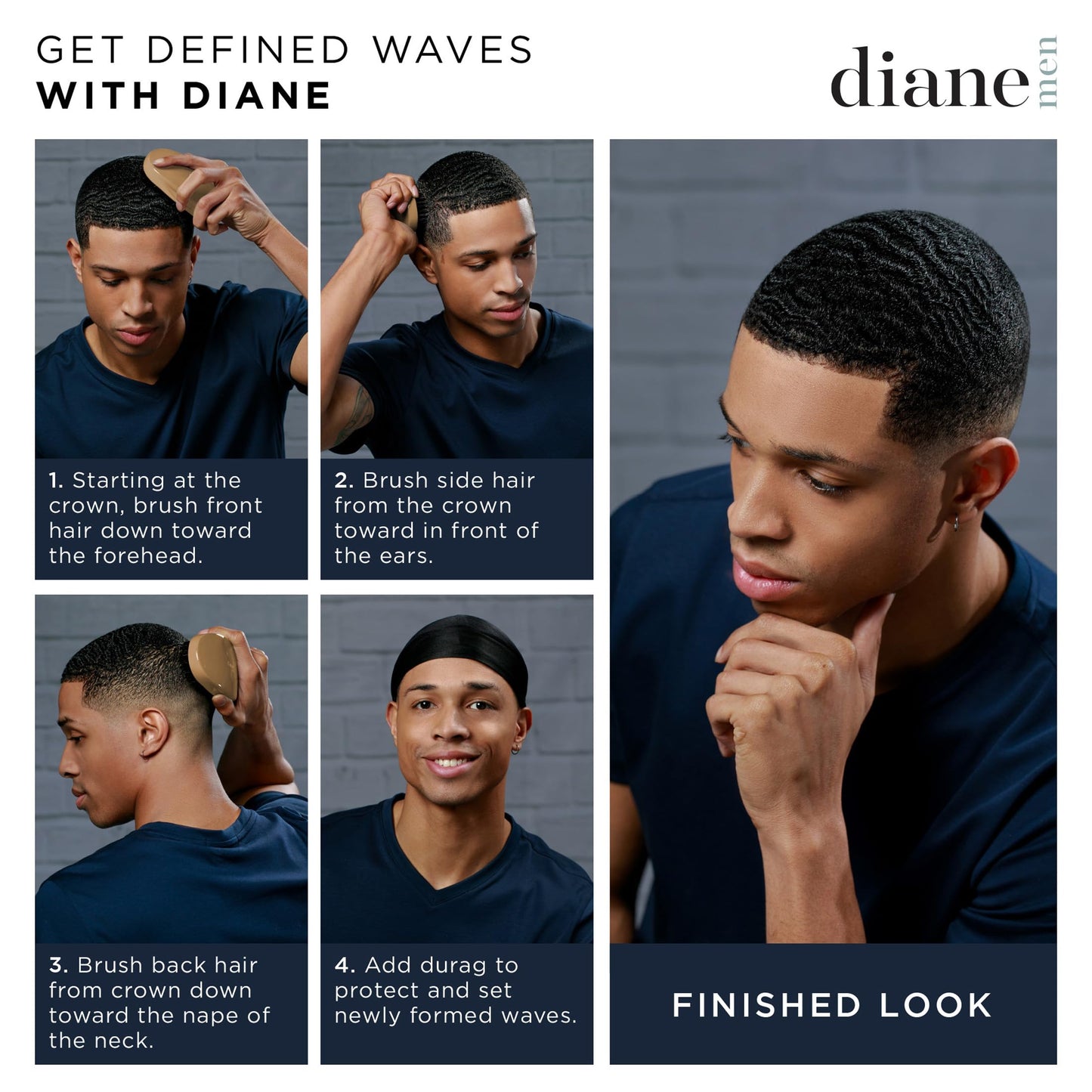 Diane Reinforced Boar Bristle Wave Brush for Men and Barbers - Hard Bristles for Thick to Coarse Hair - Use for Detangling, Smoothing, Wave Styles