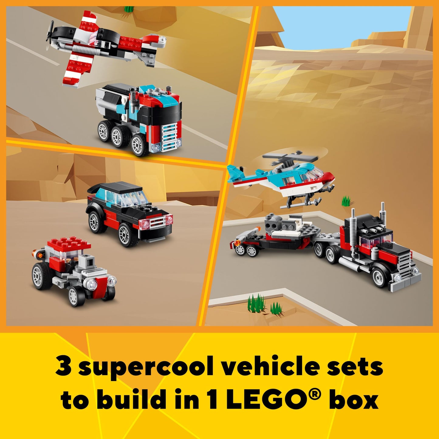 LEGO Creator 3 in 1 Flatbed Truck with Helicopter 31146, Buildable Toy Transforms into Plane, Hot Rod or SUV, Gift for Kids Ages 7+