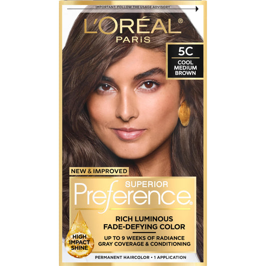 L'Oreal Paris Superior Preference Luminous Fade-Defying Permanent Hair Color, Hair Dye For Up to 9 Weeks of Radiance, Cool Medium Brown 5C, 1 Hair Dye