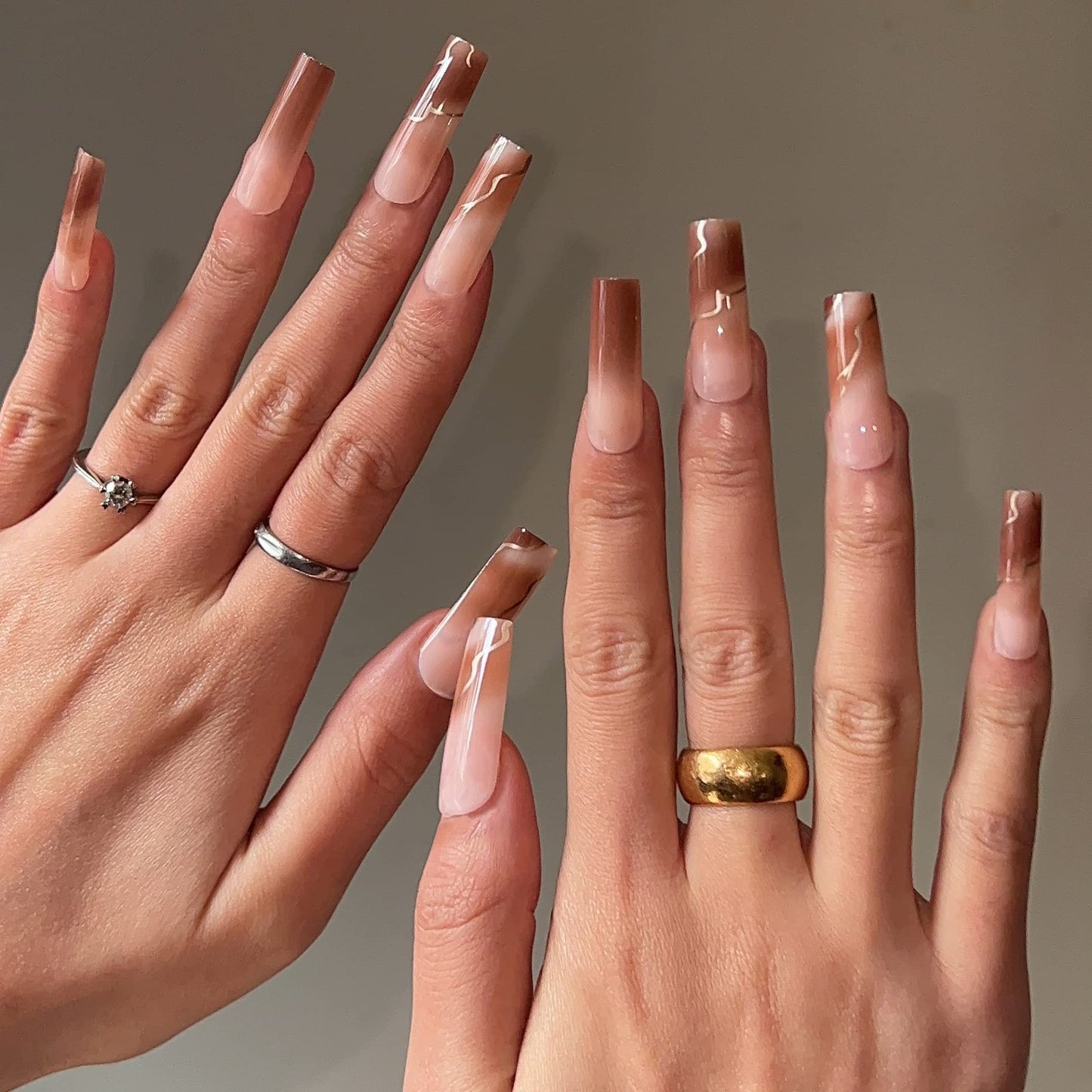 BABALAL Square Press on Nails - Long, Brown Acrylic, Ombre, Glossy Artificial Nails - Squoval Shape, for Women and Girls