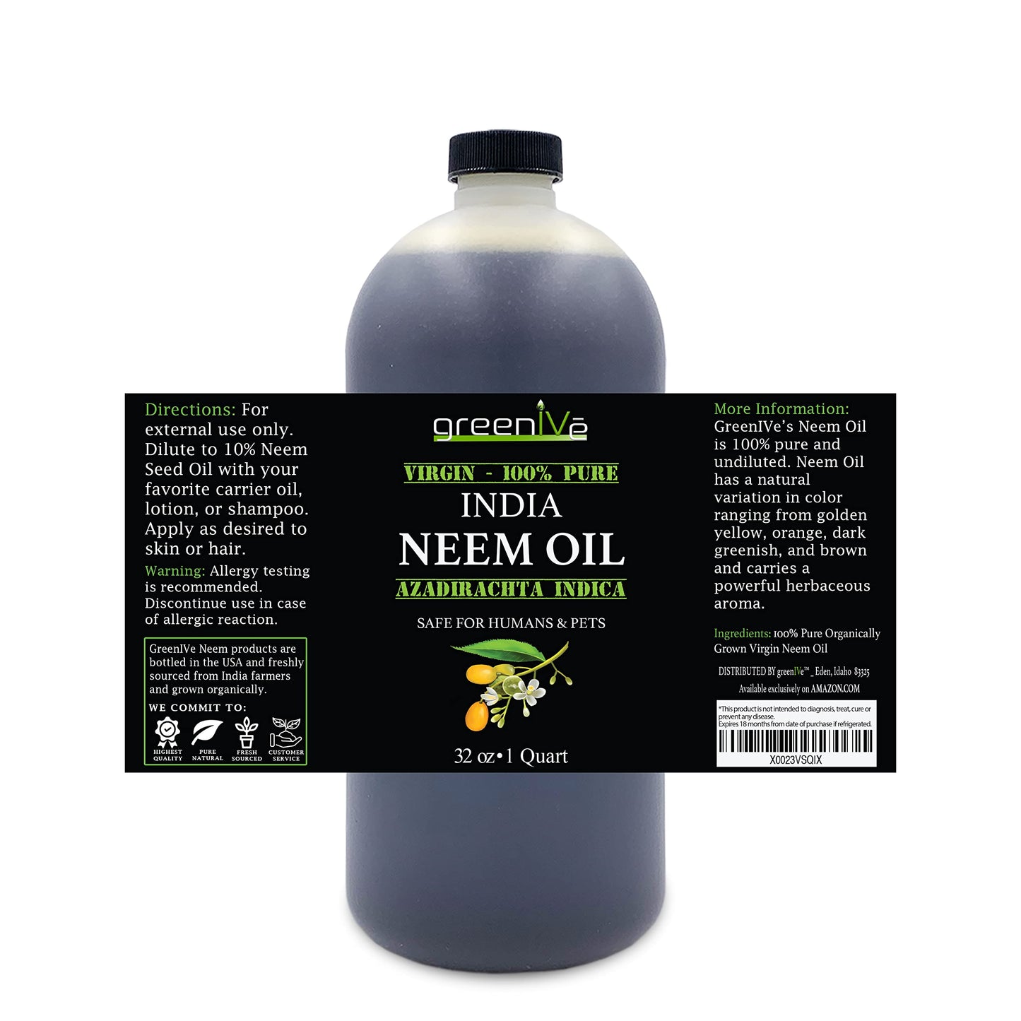 GreenIVe 100% Organically Grown Neem Oil, Cold-Pressed Virgin, Pure & Natural, 32 oz - Ideal for Gardening, Skin Care, Hair Care & Pet Care