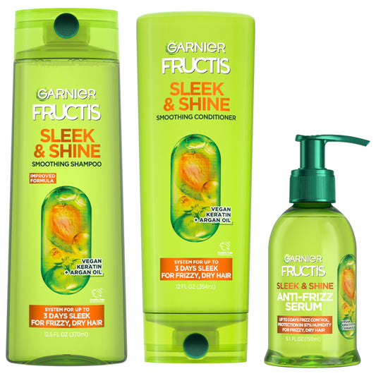 Garnier Fructis Sleek & Shine Shampoo, Conditioner + Anti-Frizz Serum Set for Frizzy, Dry Hair, Argan Oil (3 Items), 1 Kit (Packaging May Vary) Beauty & Personal Care Garnier