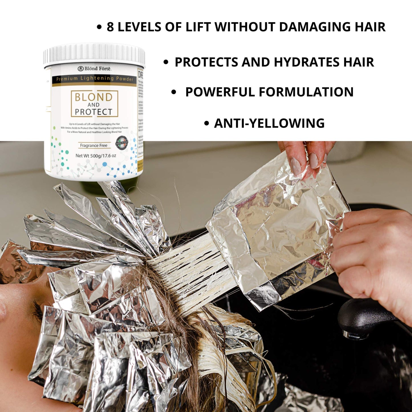 1.1 Pound Tub 8+ Level Hair Lightener Bleaching Powder Kit + 40 Volume Developer & 10 Bonus Items - Made in Italy by Blonde Forte