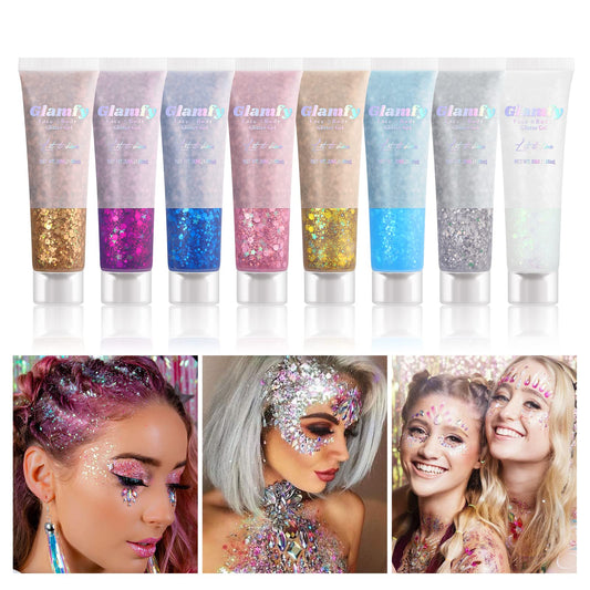 8 Color Body Glitter,Face Glitter Gel,Hair Glitter,Self Adhesive Glitter Gel,Chunky Glitter Festival Accessories,Cosmetic Glitter Makeup Beauty & Personal Care GLAMEER