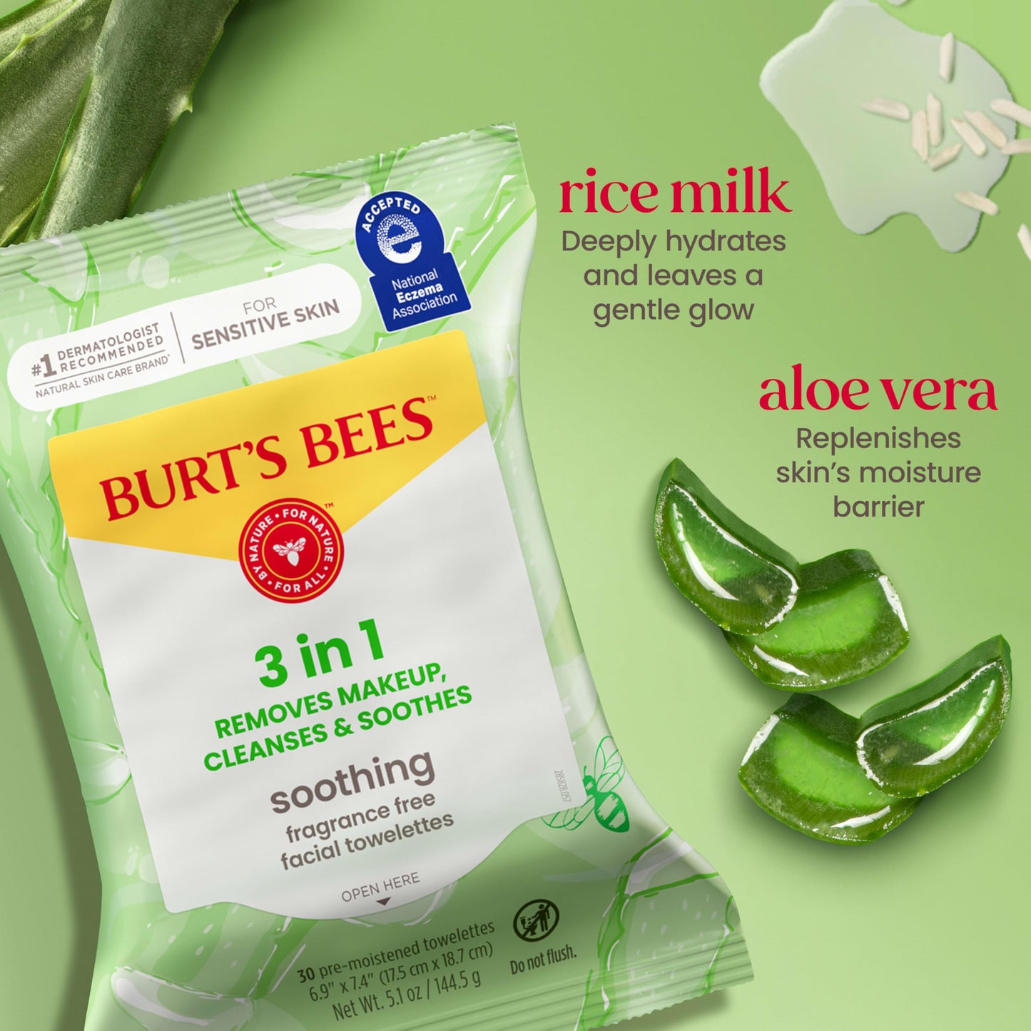 Burt’s Bees Soothing, Fragrance Free Facial Towelettes for Sensitive Skin, Aloe Vera, 100% Plant Based Cloths; 99% Natural Origin; Removes Makeup