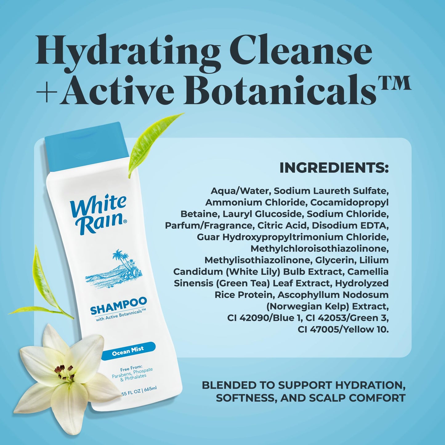 White Rain Moisturizing Shampoo - Ocean Mist Scent, 15 fl oz, Hydrating Shampoo for Men & Women, Paraben-Free & Cruelty-Free with White Lily, Green