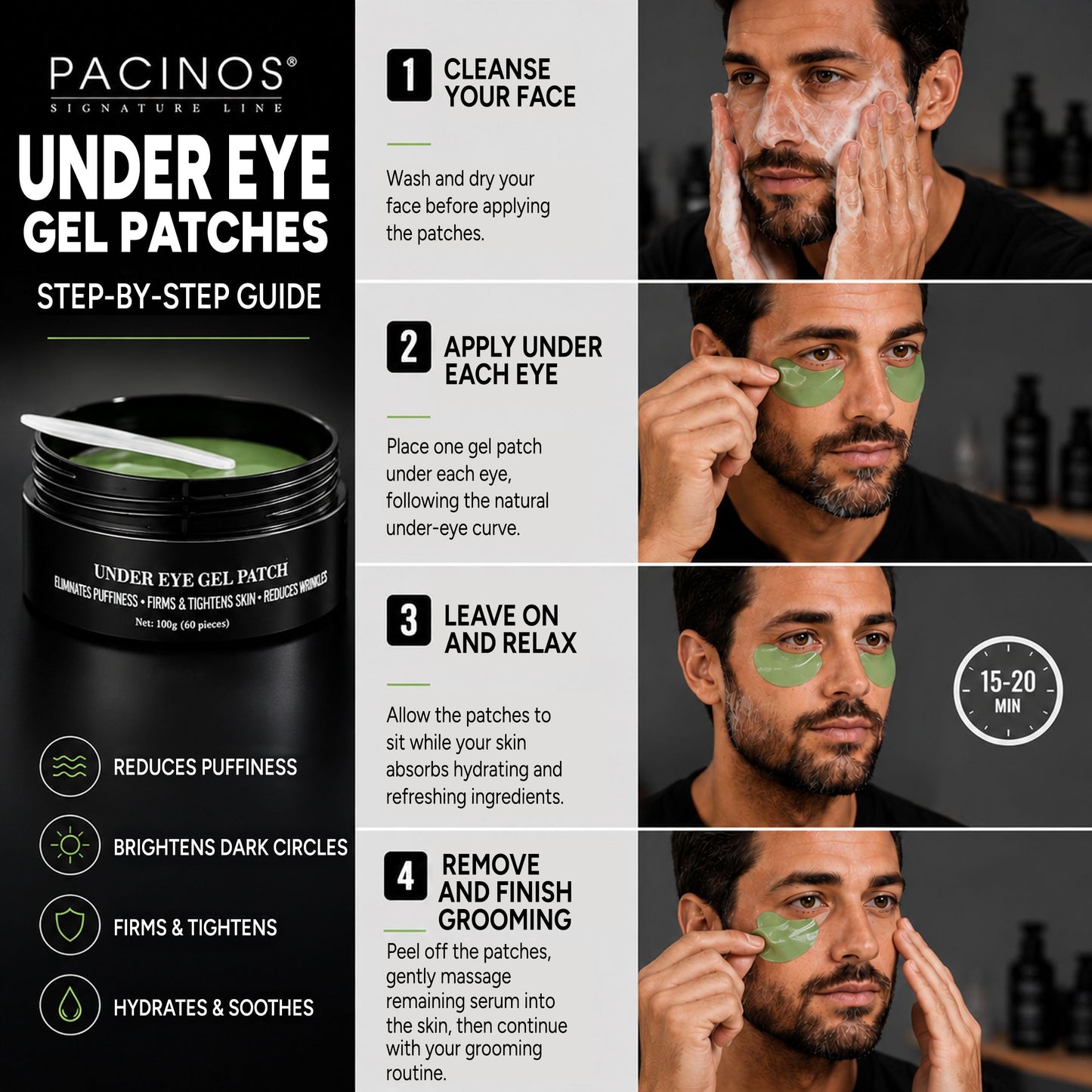 Pacinos Under Eye Gel Patches - Eliminates Puffiness, Smoothes Wrinkles, Brightens Under Eye Darkness - Firms & Tightens Skin with Vitamin E & B5