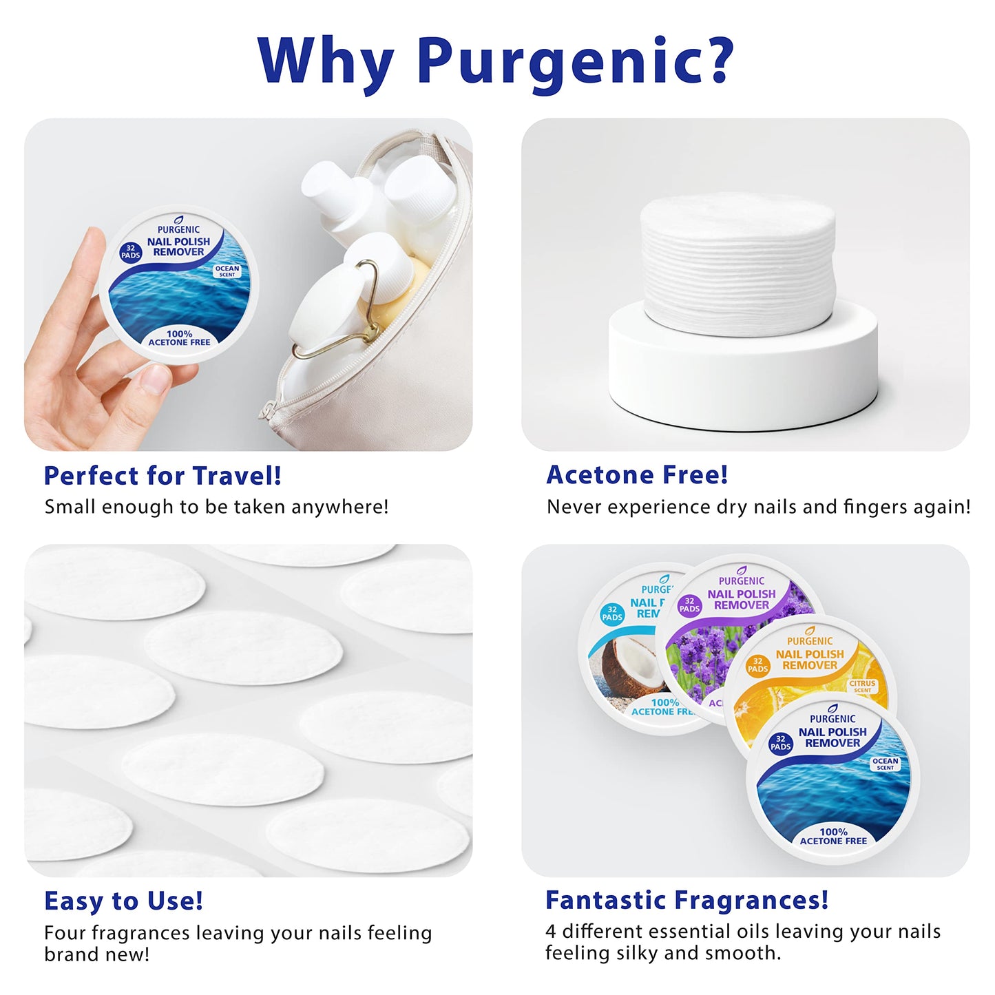 Purgenic Nail Polish Remover Pads - (128 Count) - On the Go & Travel - Lint Free Nail Polish Wipes - Pre-soaked Pads Made All Natural Ingredients