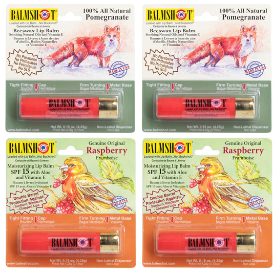 BALMSHOT Lip Balm 4-Pack - Fruit Combo Variety Pack - (2) Pomegranate & (2) Raspberry - SPF 15 Beeswax Formula - 20-Gauge Brass Shotgun Shell Tube