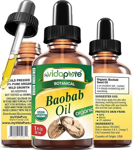 MYVIDAPURE Organic BAOBAB OIL Certified Organic 100% Natural Pure VIRGIN UNREFINED for Skin, Face, Hair, Lip and Nail Care (1 Fl Oz)