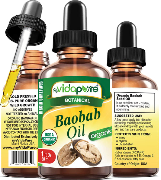 MYVIDAPURE Organic BAOBAB OIL Certified Organic 100% Natural Pure VIRGIN UNREFINED for Skin, Face, Hair, Lip and Nail Care (1 Fl Oz)