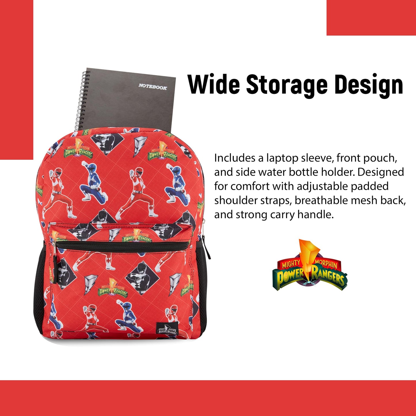 Power Rangers Classic Allover Backpack - Red, Pink, Black, Green Yellow and Green Ranger - Official School Bookbag (Red)