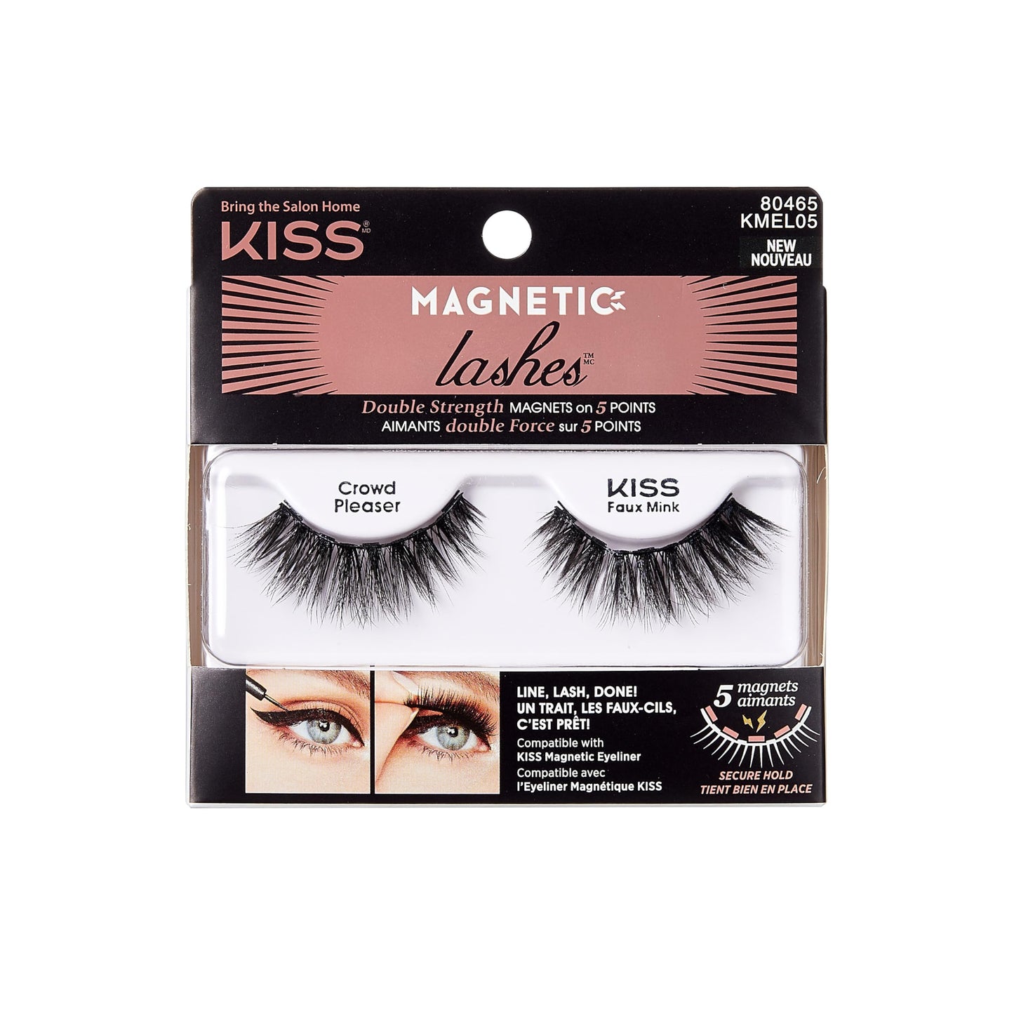 KISS Magnetic Lashes, Crowd Pleaser, 1 Pair of Synthetic False Eyelashes With 5 Double Strength Magnets, Wind Resistant, Dermatologist Tested Fake