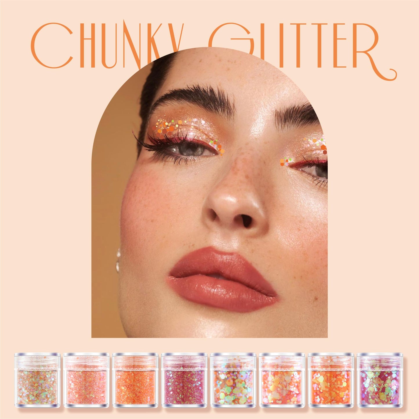GABOX 8-Jar Sunset Orange Glitter Set, Holographic Fine Powder & 1mm & 2mm & 3mm Sequins Flakes Set for Cosmetic - Nail - Resin, Iridescent Art