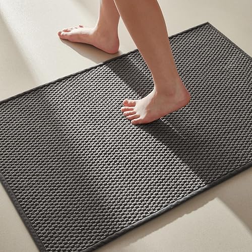 TYUU Bathroom Rugs Non Slip Washable, Super Absorbent Thin Bath Mat Small Quick Dry Low Pile Bathroom Rug, Dark Grey 16"x24"